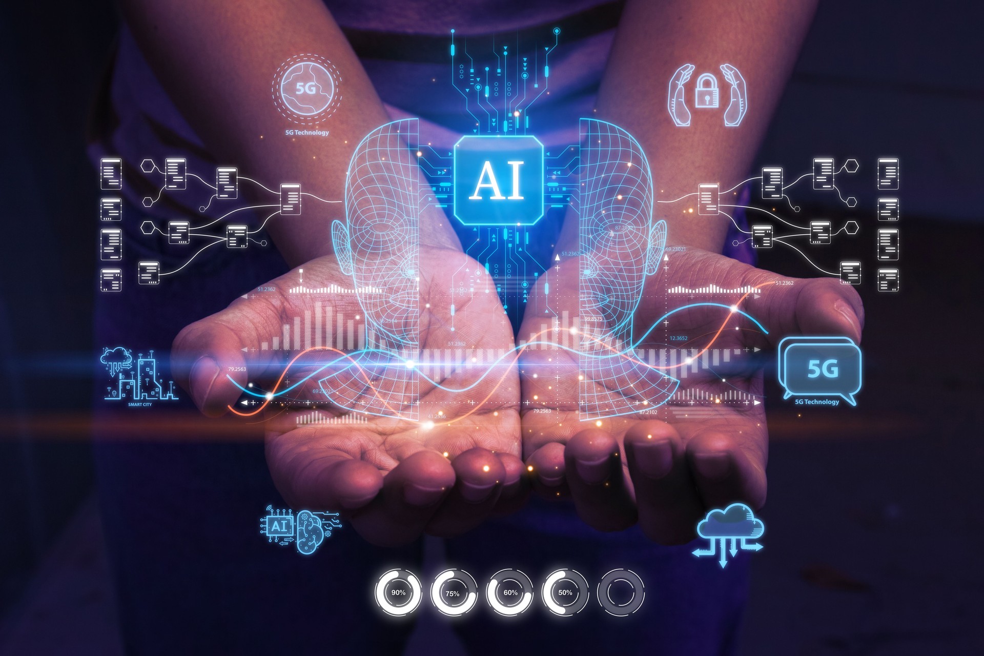 Futuristic Ai hand holds digital circuit - Tech and Innovation. Cyberspace connection, using command prompt and future tech. Virtual cyborg showcasing AI business Innovation Chat with AI.